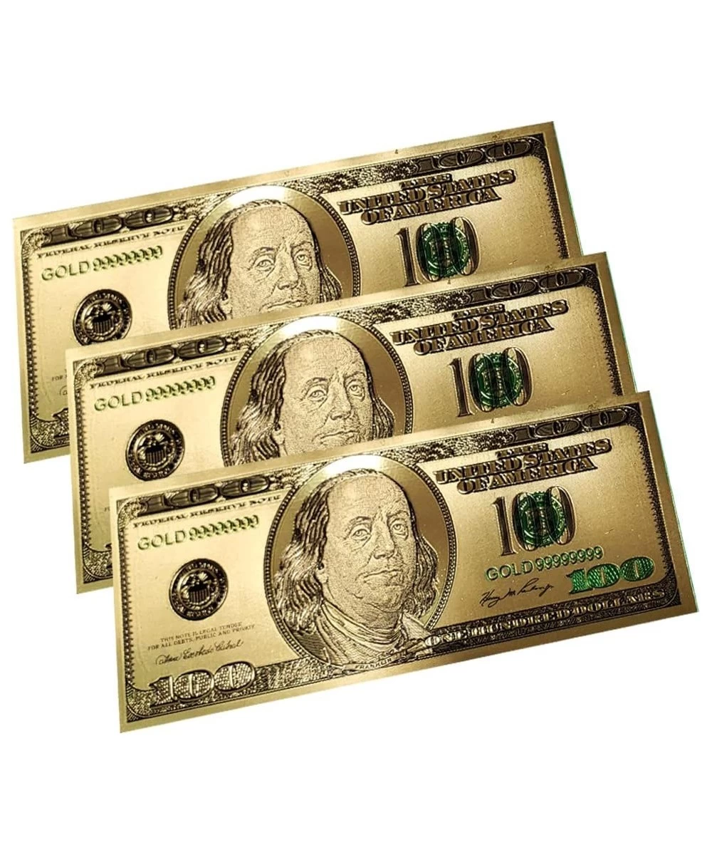 Gold 100 Dollar Bill 3 Pack $100 Gold Leaf Bills for Bookmarks Commemorative Coins with Gold Foil for Kids and Party Fake Ban...