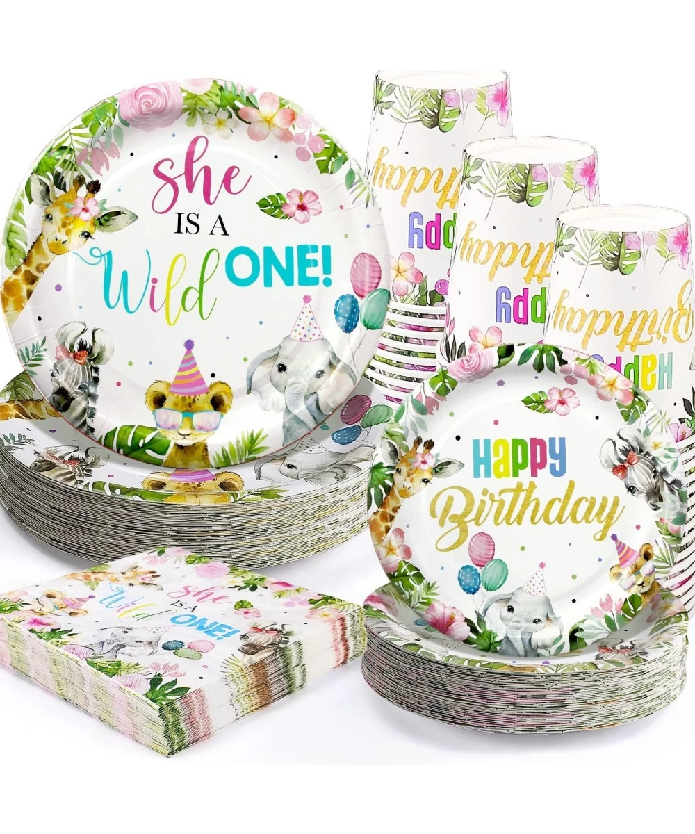 Wild One Birthday Decorations Tablewear - Girls 1st Safari Birthday Decorations Include Dinner Plates Dessert Plates Cups Nap...