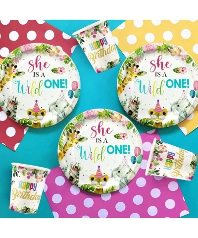 Wild One Birthday Decorations Tablewear - Girls 1st Safari Birthday Decorations Include Dinner Plates Dessert Plates Cups Nap...