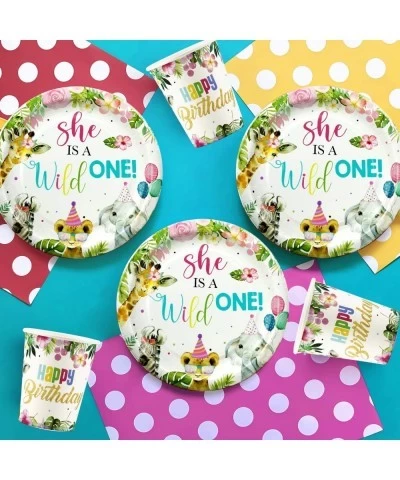 Wild One Birthday Decorations Tablewear - Girls 1st Safari Birthday Decorations Include Dinner Plates Dessert Plates Cups Nap...