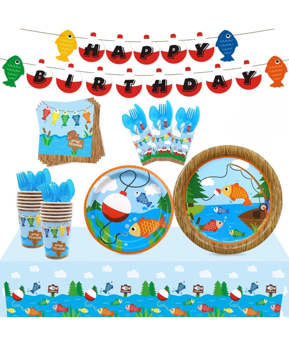 Gone Fishing Party Tableware Supplies Set Serves 20 Guests-Bobber Happy Birthday Banner Plates Cups Napkins Table Cover Cutle...