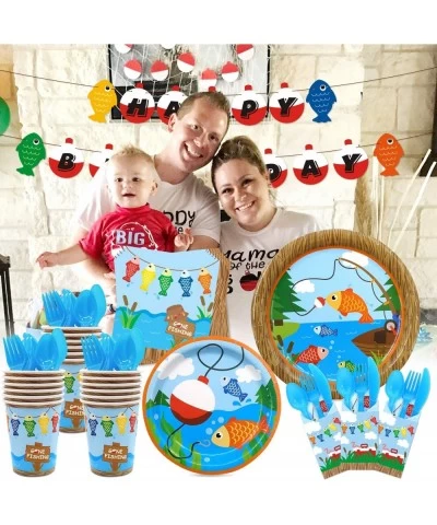 Gone Fishing Party Tableware Supplies Set Serves 20 Guests-Bobber Happy Birthday Banner Plates Cups Napkins Table Cover Cutle...