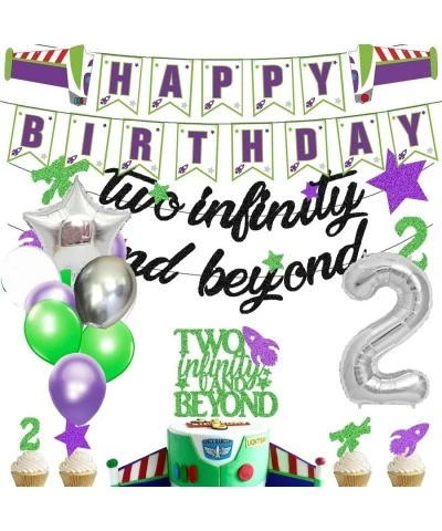 Two Infinity and Beyond Banner and Buzz Cake Topper Light year Toy Inspired Story 2nd Birthday Balloons Party Supplies Decora...