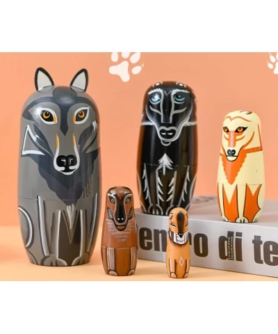 Gray Cartoon Wolf Nesting Dolls Wooden Matryoshka Russian Doll Handmade Stacking Toy Set 5 Pieces for Kids $28.88 Nesting Dolls