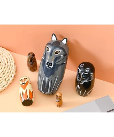 Gray Cartoon Wolf Nesting Dolls Wooden Matryoshka Russian Doll Handmade Stacking Toy Set 5 Pieces for Kids $28.88 Nesting Dolls