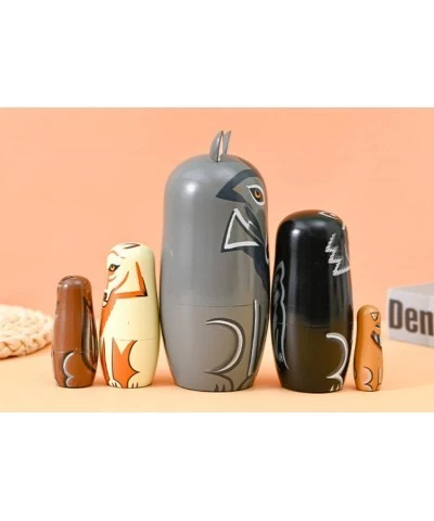 Gray Cartoon Wolf Nesting Dolls Wooden Matryoshka Russian Doll Handmade Stacking Toy Set 5 Pieces for Kids $28.88 Nesting Dolls