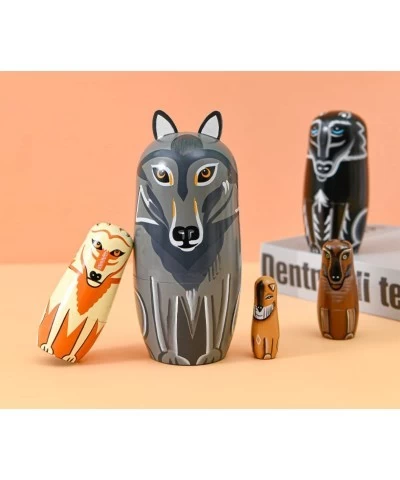 Gray Cartoon Wolf Nesting Dolls Wooden Matryoshka Russian Doll Handmade Stacking Toy Set 5 Pieces for Kids $28.88 Nesting Dolls