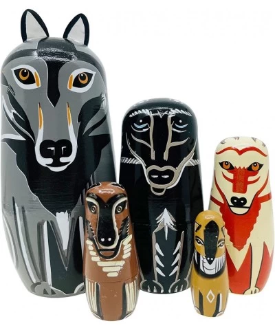 Gray Cartoon Wolf Nesting Dolls Wooden Matryoshka Russian Doll Handmade Stacking Toy Set 5 Pieces for Kids $28.88 Nesting Dolls