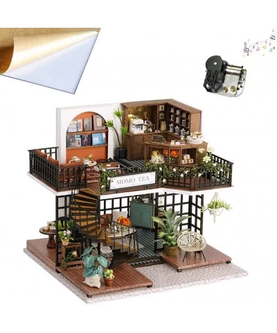 Mini Wooden Miniature Dollhouse Kit Forest Tea Shop Scene Building Model Toy House with LED Lights and Dust Cover Christmas N...