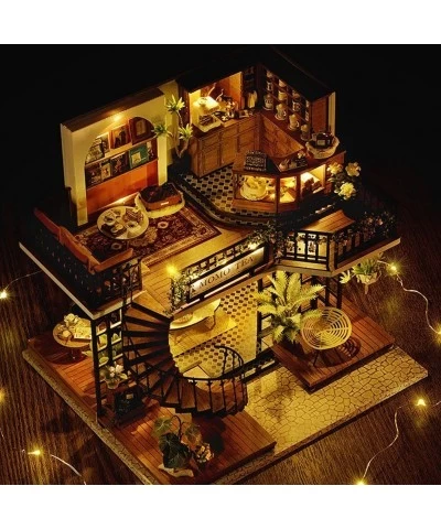 Mini Wooden Miniature Dollhouse Kit Forest Tea Shop Scene Building Model Toy House with LED Lights and Dust Cover Christmas N...