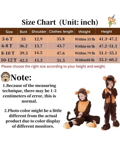 Monkey Costume for Kids Monkey Onesie Costume for Kids Girls & Boys Halloween Cosplay Velvet Hooded Animals Pajamas (8-10T) B...