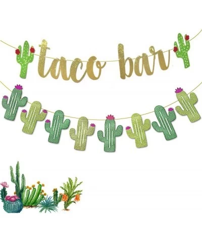 2 Set Fiesta Taco Bar Cactus Banner Garland Gold Green Glittery Fiesta Banner for Mexican Fiesta Party Cinco De Mayo Decorati...