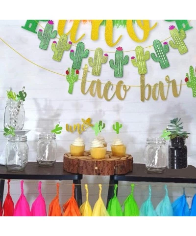 2 Set Fiesta Taco Bar Cactus Banner Garland Gold Green Glittery Fiesta Banner for Mexican Fiesta Party Cinco De Mayo Decorati...