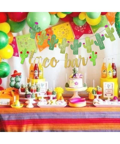 2 Set Fiesta Taco Bar Cactus Banner Garland Gold Green Glittery Fiesta Banner for Mexican Fiesta Party Cinco De Mayo Decorati...