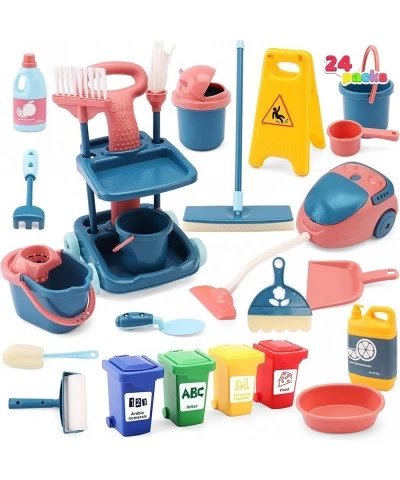 24 Pcs Kids Cleaning Mini Set - Toy Cleaning Set Includes Vacume Broom Mop Brush Dust Pan Duster Sponge Bucket Caution Sign T...