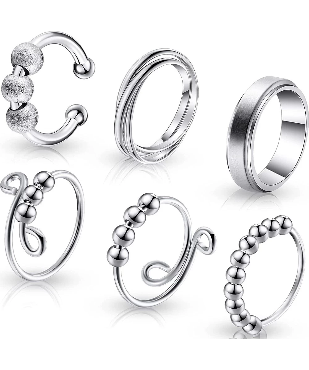 6 Pieces Fidget Rings Anxiety Spinner Rings with Thin Beads for Women Men Adjustable Silver Anti Anxiety Rings Worry Stress R...