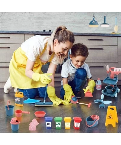 24 Pcs Kids Cleaning Mini Set - Toy Cleaning Set Includes Vacume Broom Mop Brush Dust Pan Duster Sponge Bucket Caution Sign T...