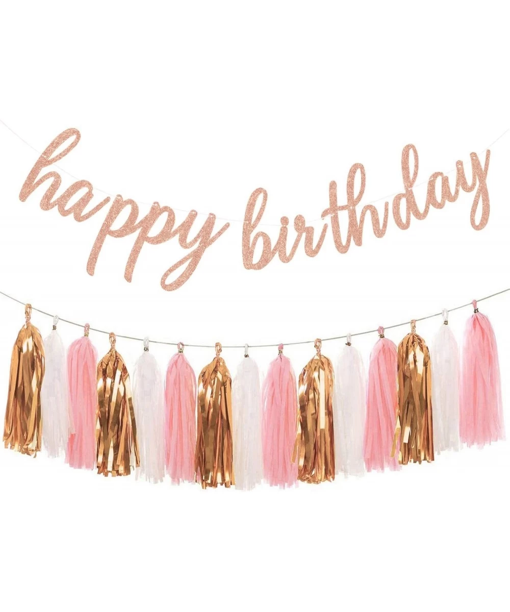 Rose Gold Birthday Party Decorations - Glittery Rose Gold Happy Birthday Banner and Tissue Paper Tassels Garland for Birthday...