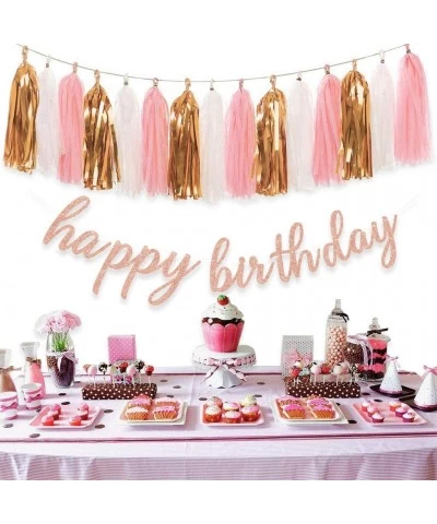 Rose Gold Birthday Party Decorations - Glittery Rose Gold Happy Birthday Banner and Tissue Paper Tassels Garland for Birthday...