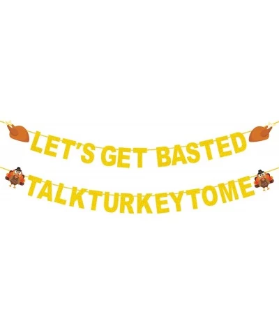 Let's Get Basted Banner and Talk Turkey to Me Banner Gold Glitter Thanksgiving Day Garland Banner with Turkey Legs and Turkey...