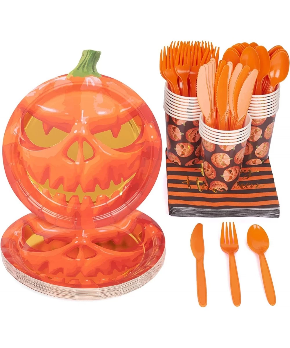 Halloween Party Supplies Serves 24 Includes Paper Pumpkin Plates and Napkins Cups Cutlery Set for Appetizer Lunch Dinner and ...