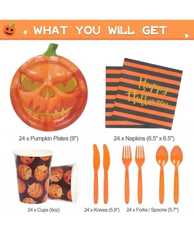 Halloween Party Supplies Serves 24 Includes Paper Pumpkin Plates and Napkins Cups Cutlery Set for Appetizer Lunch Dinner and ...