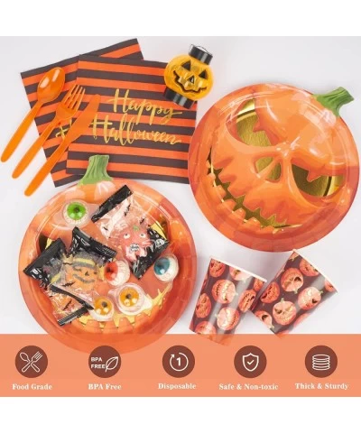 Halloween Party Supplies Serves 24 Includes Paper Pumpkin Plates and Napkins Cups Cutlery Set for Appetizer Lunch Dinner and ...