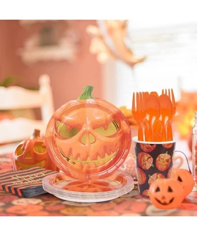 Halloween Party Supplies Serves 24 Includes Paper Pumpkin Plates and Napkins Cups Cutlery Set for Appetizer Lunch Dinner and ...