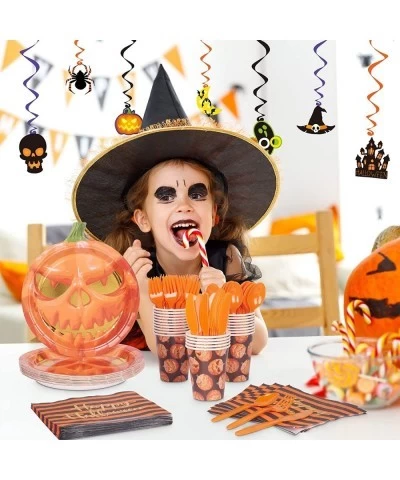 Halloween Party Supplies Serves 24 Includes Paper Pumpkin Plates and Napkins Cups Cutlery Set for Appetizer Lunch Dinner and ...