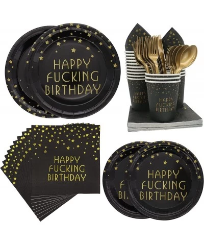 Black and Gold Happy FING Birthday Party Supplies -Serves 20- 140 PCS Include Dinner Plates Dessert Plates Cups Napkins Forks...