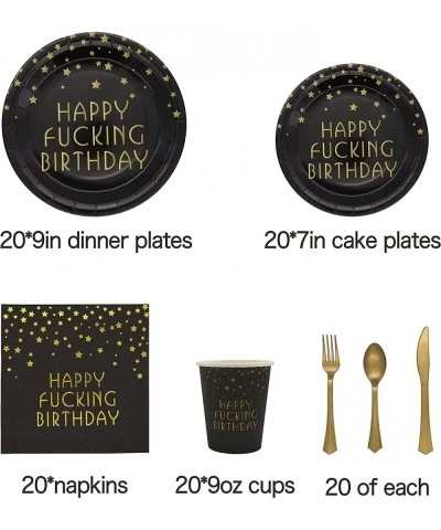 Black and Gold Happy FING Birthday Party Supplies -Serves 20- 140 PCS Include Dinner Plates Dessert Plates Cups Napkins Forks...