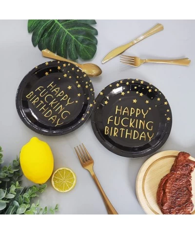 Black and Gold Happy FING Birthday Party Supplies -Serves 20- 140 PCS Include Dinner Plates Dessert Plates Cups Napkins Forks...