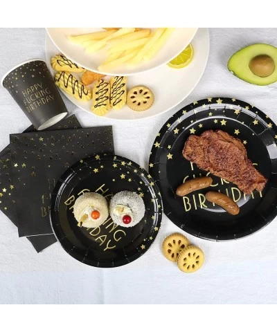 Black and Gold Happy FING Birthday Party Supplies -Serves 20- 140 PCS Include Dinner Plates Dessert Plates Cups Napkins Forks...