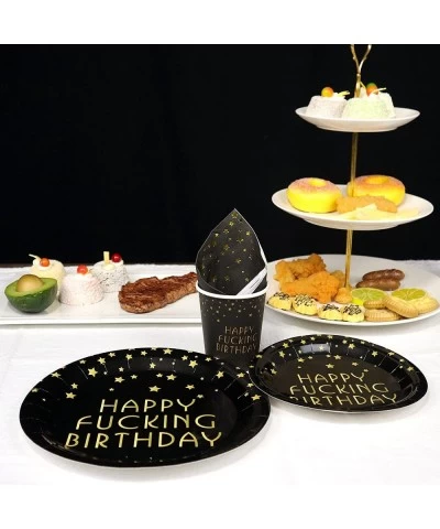 Black and Gold Happy FING Birthday Party Supplies -Serves 20- 140 PCS Include Dinner Plates Dessert Plates Cups Napkins Forks...