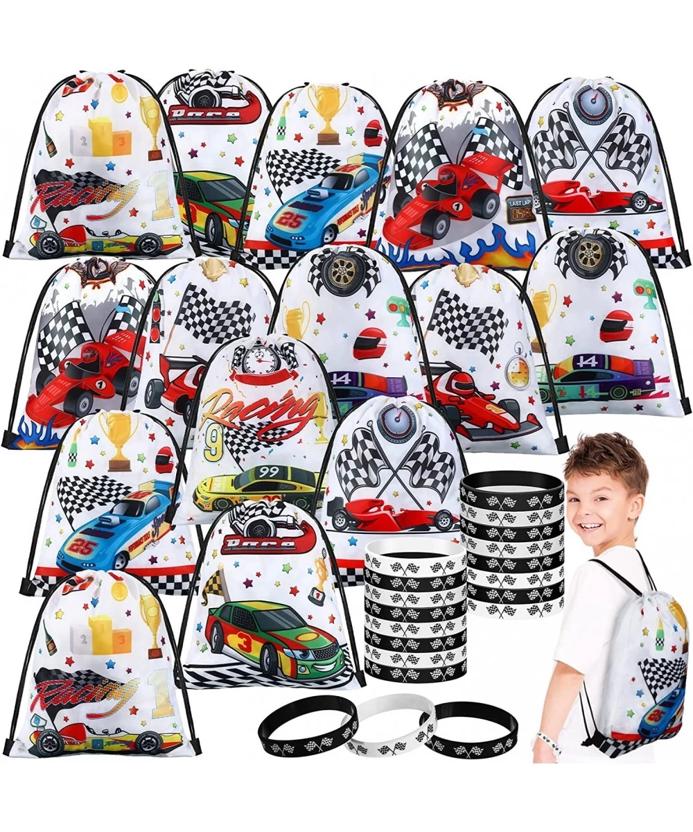 32 Pcs Race Car Party Favor Bags and Racing Flag Rubber Bracelets Set with 16 Drawstring Backpack 16 Silicone Wristbands Race...