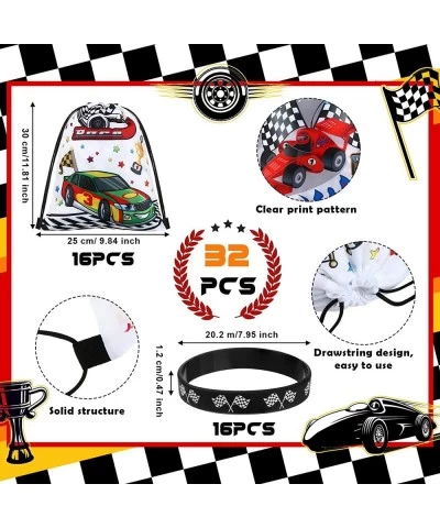 32 Pcs Race Car Party Favor Bags and Racing Flag Rubber Bracelets Set with 16 Drawstring Backpack 16 Silicone Wristbands Race...