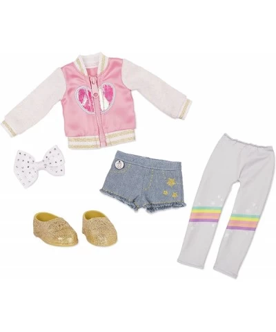 14-inch Doll Clothes & Accessories - Have A Gradient Day Outfit - Rainbow Leggings Hair Bow Denim Shorts Pink Heart Jacket an...