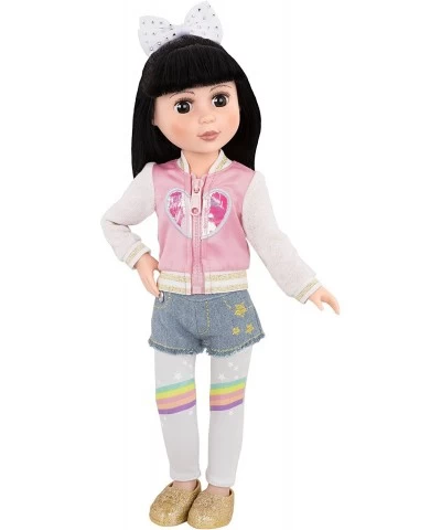 14-inch Doll Clothes & Accessories - Have A Gradient Day Outfit - Rainbow Leggings Hair Bow Denim Shorts Pink Heart Jacket an...