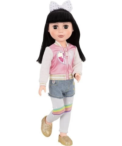 14-inch Doll Clothes & Accessories - Have A Gradient Day Outfit - Rainbow Leggings Hair Bow Denim Shorts Pink Heart Jacket an...