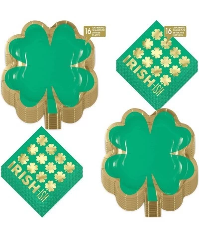 St. Patrick's Day Party Charming Green & Gold Shamrock-Shaped 8 Inch Paper Plates and Irish-ish Beverage Napkins (Serves 16) ...