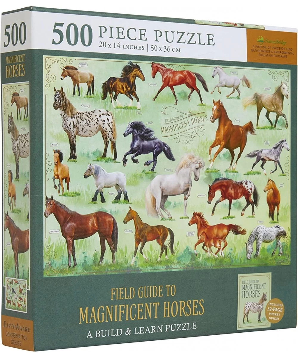 Horses Jigsaw Puzzle 500 Pieces - Magnificent Horses 20" x 14" - with 32 Page Pocket Field Guide - Great Gift for Horse Lover...