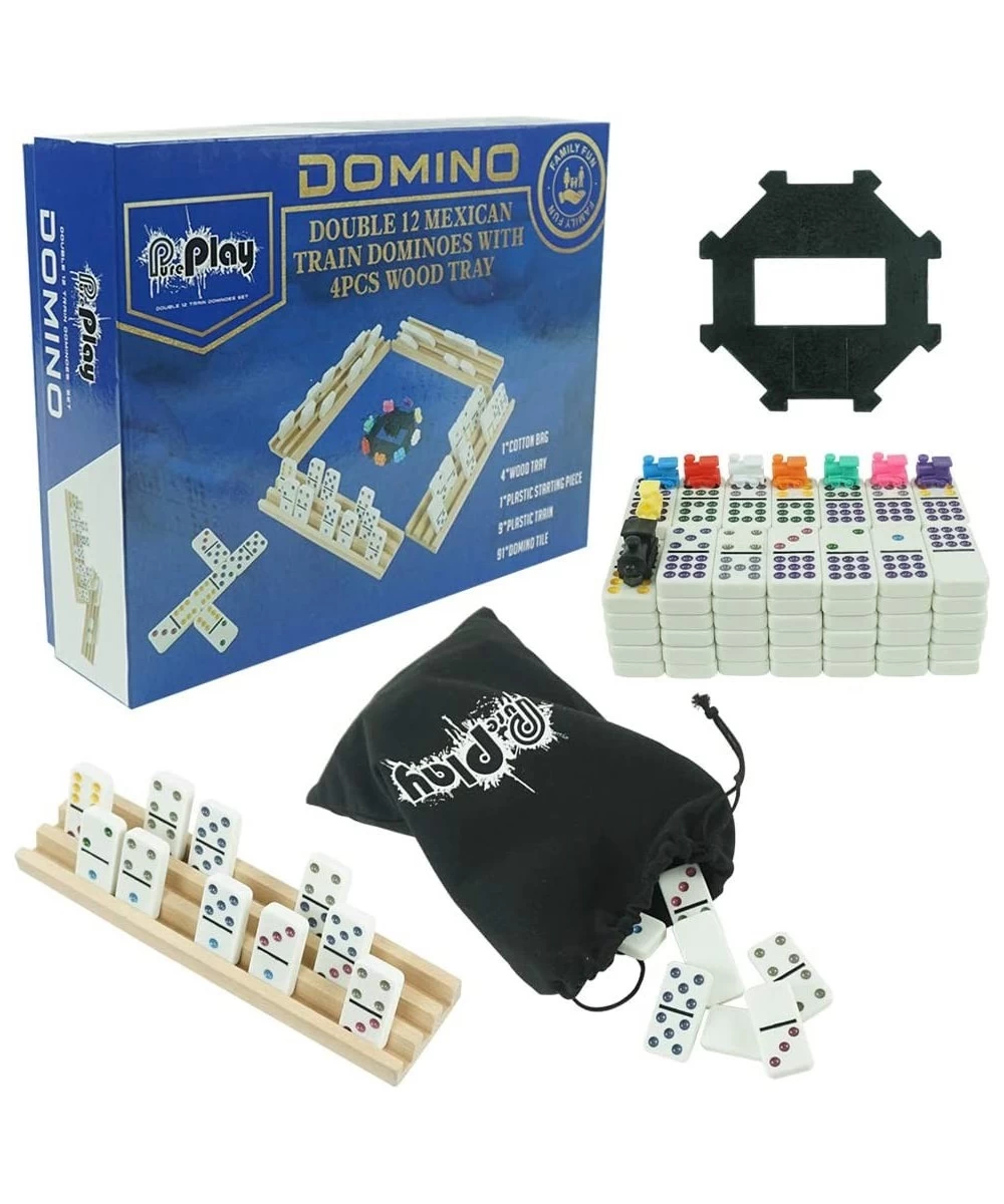 Mexican Train Dominoes Set - Double 12 Colored Dot Dominoes - Includes 91 Tiles with 9 Trains 4 Wooden Trays and Storage Bag ...