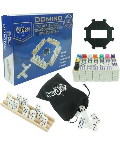 Mexican Train Dominoes Set - Double 12 Colored Dot Dominoes - Includes 91 Tiles with 9 Trains 4 Wooden Trays and Storage Bag ...