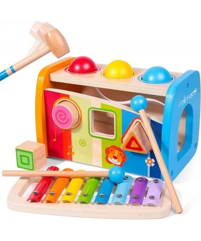 4-in-1 Hammering & Pounding Toys Montessori Toys for 1 2 Years Old Wooden Educational Toy Shape Sorter Xylophone Birthday Gif...