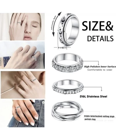 4Pcs Stainless Steel Fidget Band Rings Spinner Rings for Women Anxiety Ring Triple Interlocked Rolling Flower Moon Star Ring ...