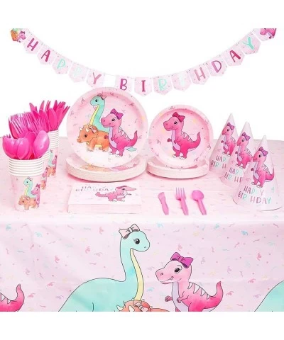 194 Piece Pink Baby Girl Dinosaur Birthday Party Supplies with Plates Napkins Cups Cutlery Banner Hats Table Covers (Serves 2...