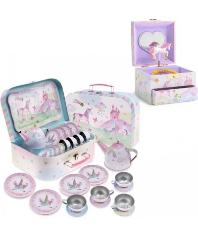 Musical Jewelry Box with Spinning Unicorn Glitter Rainbow and Stars Design and 15 Piece Kids Pretend Toy Tin Tea Set & Carryi...