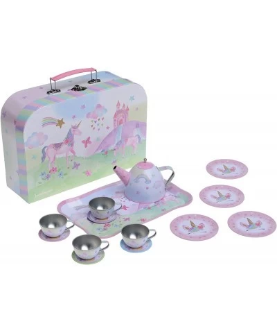 Musical Jewelry Box with Spinning Unicorn Glitter Rainbow and Stars Design and 15 Piece Kids Pretend Toy Tin Tea Set & Carryi...