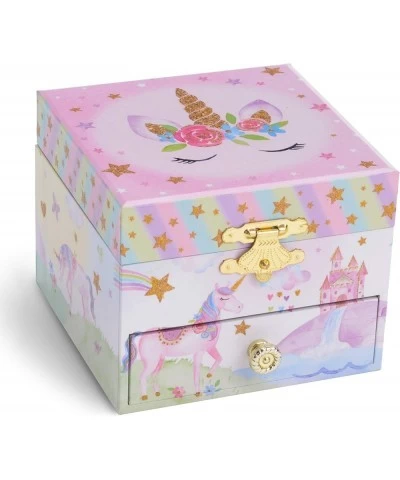 Musical Jewelry Box with Spinning Unicorn Glitter Rainbow and Stars Design and 15 Piece Kids Pretend Toy Tin Tea Set & Carryi...