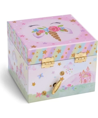 Musical Jewelry Box with Spinning Unicorn Glitter Rainbow and Stars Design and 15 Piece Kids Pretend Toy Tin Tea Set & Carryi...